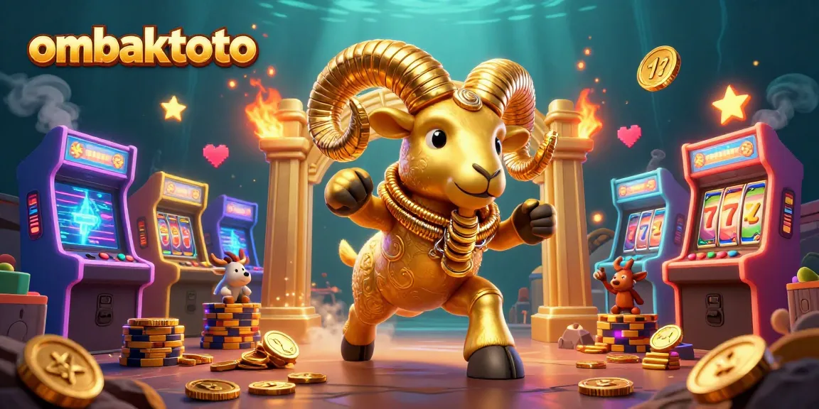 Experience ombaktoto excitement with a cartoon golden ram charging through vibrant slots elements.