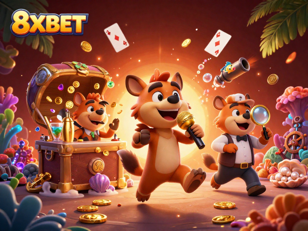 Engage with 8XBET's vibrant casino experience in this lively hyena-themed illustration.