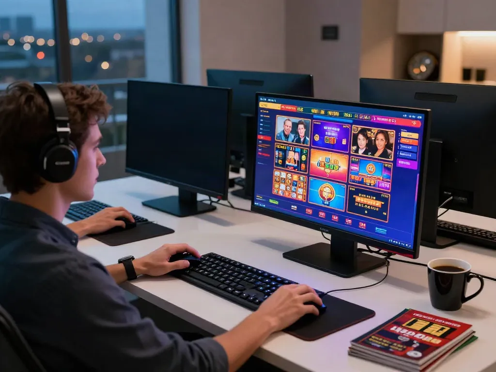 A dynamic online gambling setup showcasing akunjp's slot games and digital interfaces in a modern environment.