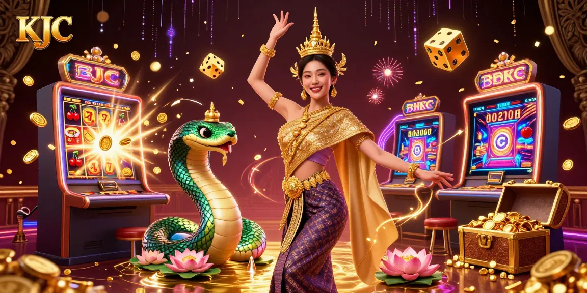KJC highlights a vibrant casino scene with a lucky Asian woman in traditional attire and a rainbow-scaled Naga surrounded by dynamic gaming elements.