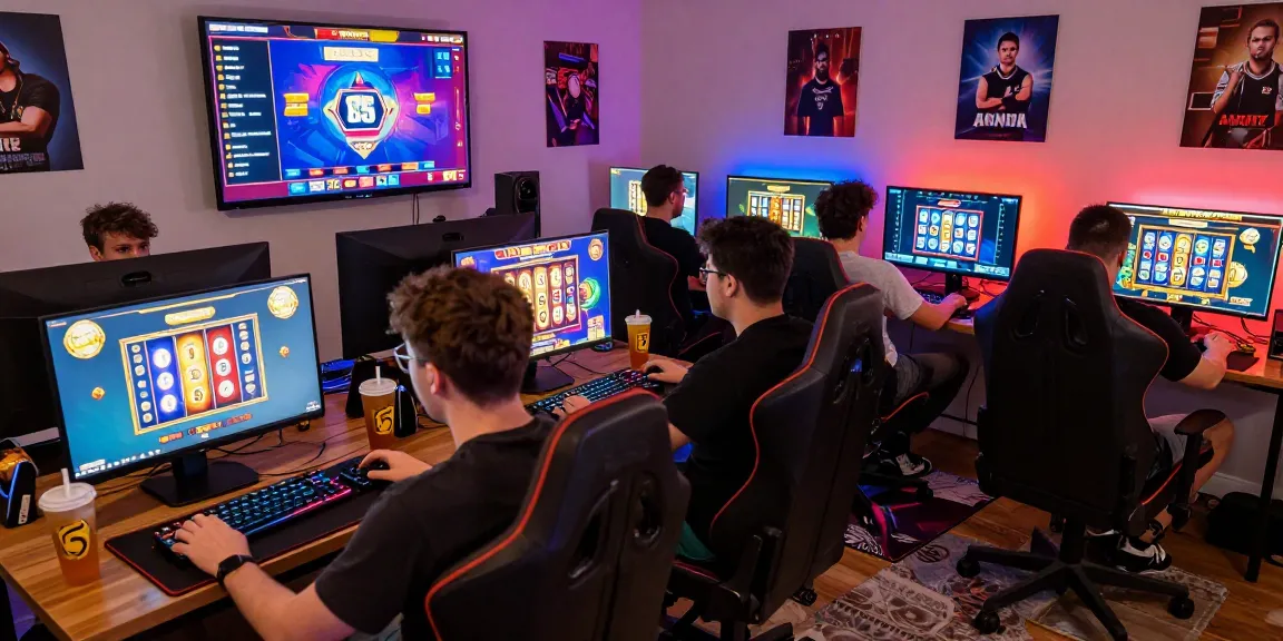 Exciting scene of players enjoying slot qris 5k tournament in a vibrant gaming setup with colorful screens and snacks.