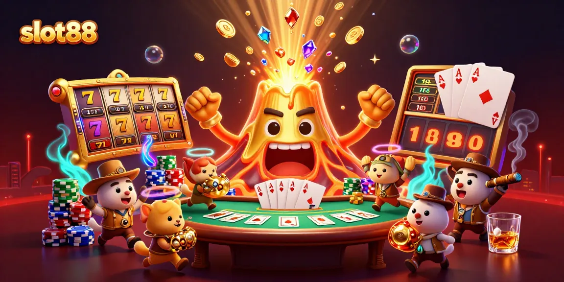 Memainkan slot88 dengan keberuntungan besar di latar belakang kasino penuh harta dan simbol keberuntungan.