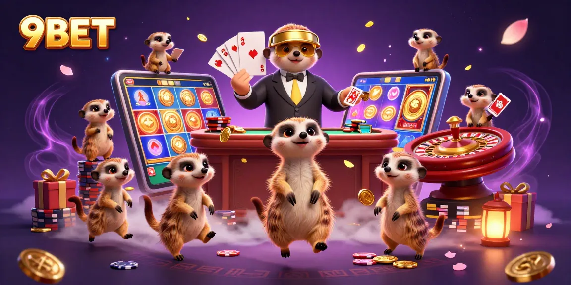 Experience the excitement of 9BET with lively meerkats running a cartoon casino.