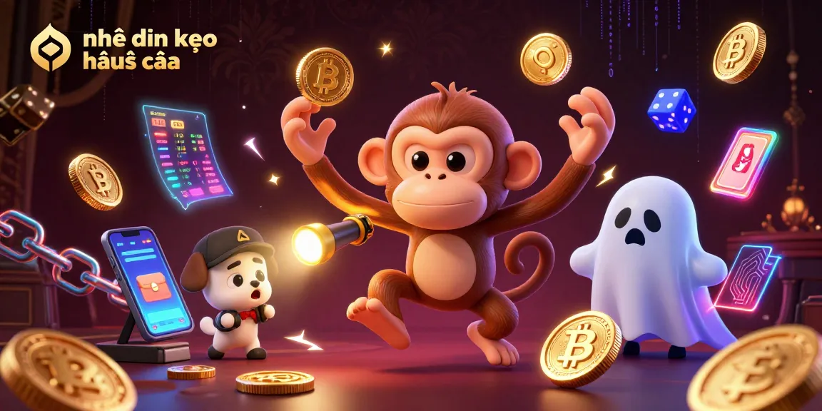 Engaging illustration showcasing nhận định kèo nhà cái with a mischievous monkey juggling casino elements alongside a curious puppy.