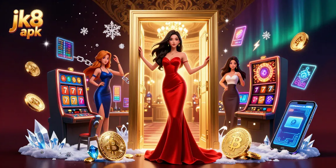 Engage with the latest games at JK8 apk, featuring a stunning casino scene highlighting vibrant slot action and crypto elements.