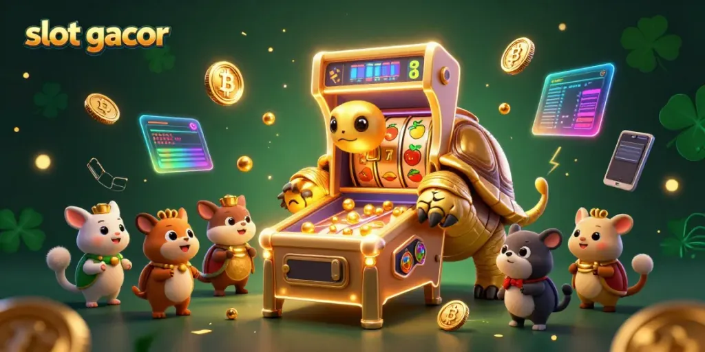 Visualisasi interaktif slot gacor dengan karakter unik dan elemen kasino.