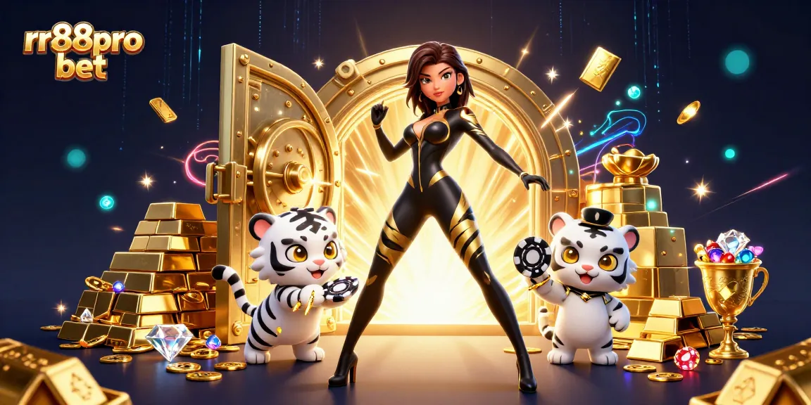 Engaging animated scene of rr88pro bet featuring a woman in a stylish catsuit and a playful tiger with poker chips.