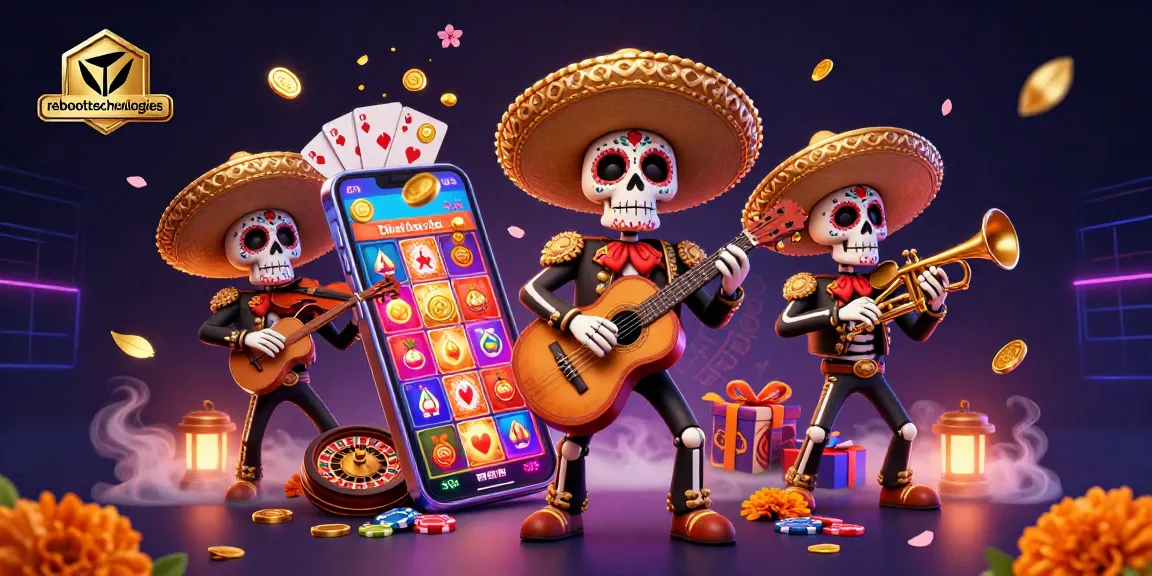 Engage with reboottechnologies through vibrant 3D illustration showcasing a mariachi band amid dynamic casino elements.