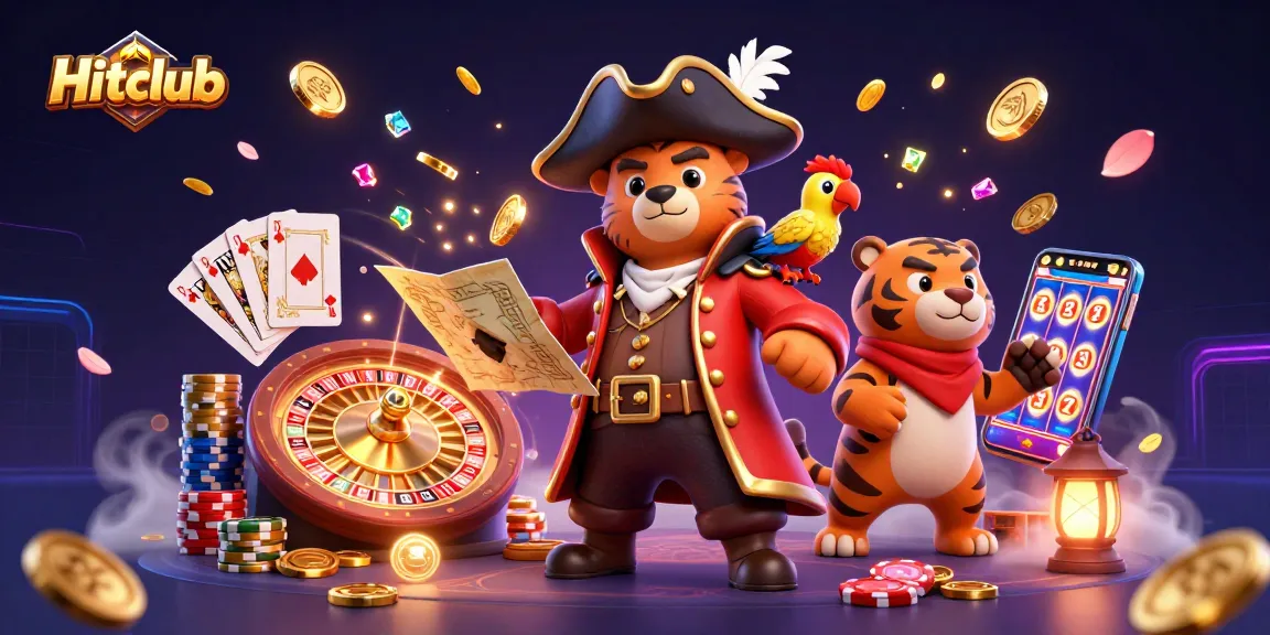 Experience thrilling games at Hitclub with a colorful scene of characters and casino elements.