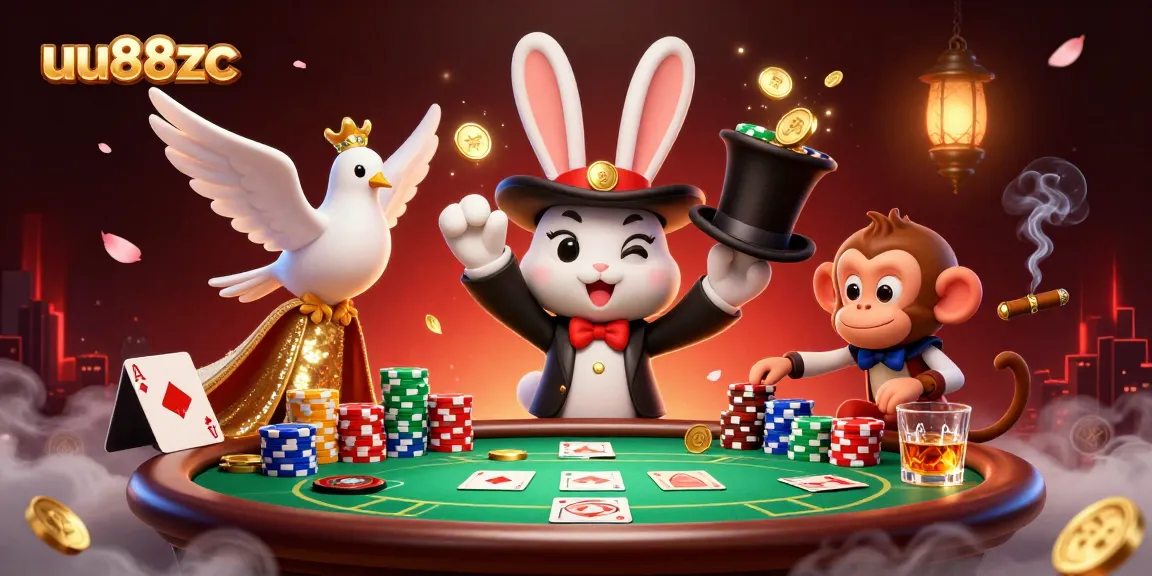 Engage in thrilling gameplay at uu88zc with a magician rabbit, poker elements, and vibrant casino atmosphere