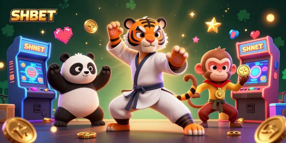 Engage with SHBET and its vibrant world through an exciting 3D illustration featuring a kung fu tiger master, panda disciple, and mischievous monkey.