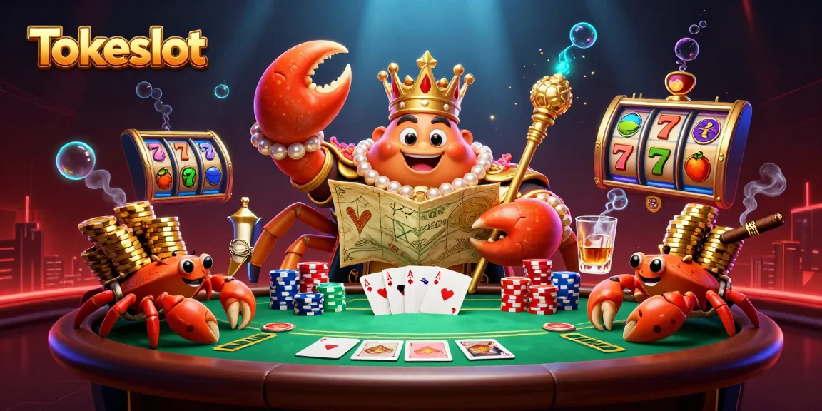 Tokeslot showcases an interactive casino scene with a golden crab emperor and dynamic poker elements.