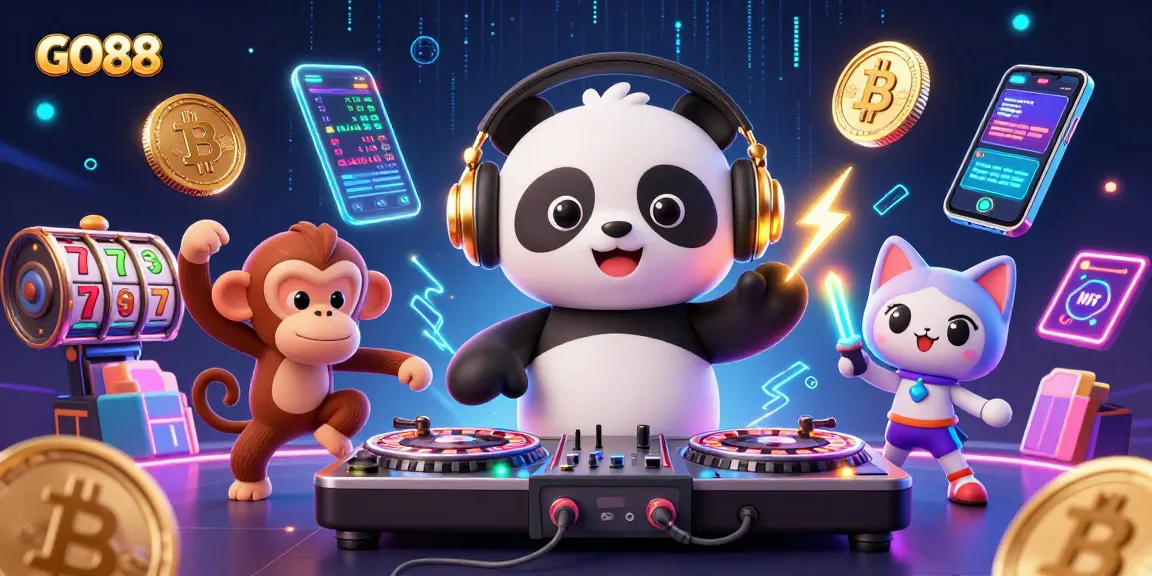 Experience GO88's vibrant casino atmosphere with 3D cartoon characters enjoying slot games and crypto excitement.