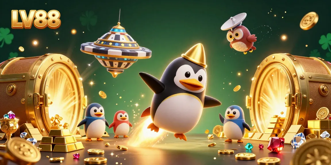 Engage with LV88's adventure as a golden penguin soars through a casino-themed galaxy.