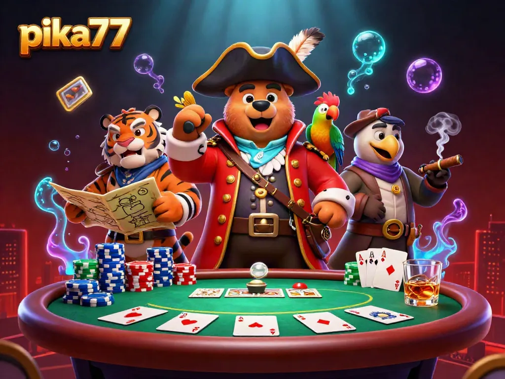 Engage in thrilling gameplay with pika77 featuring vibrant characters amidst a dynamic poker scene.