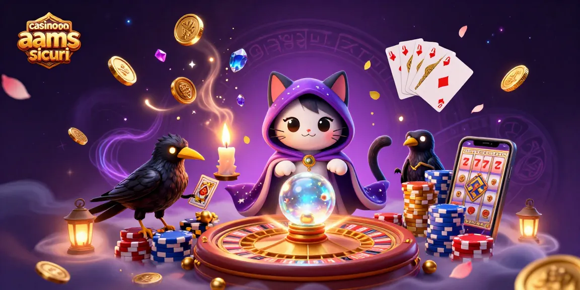 Esplora i casino non aams sicuri con un gatto mistico, un corvo e elementi di casinò vivaci in una scena magica.