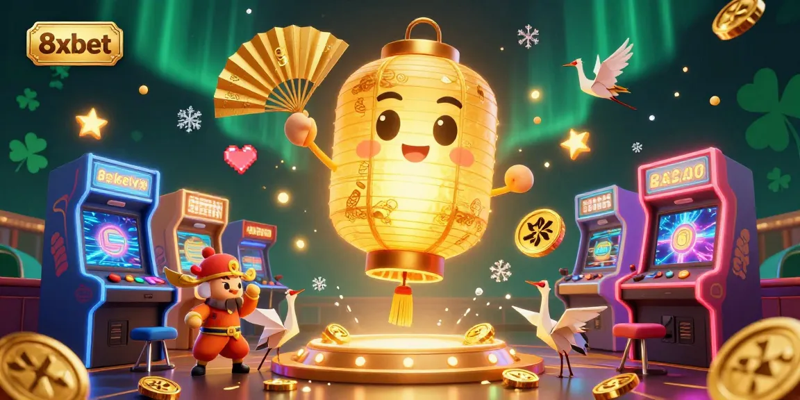 Experience thrilling gameplay at 8xbet with vibrant gaming characters, floating game elements, and rich casino visuals.