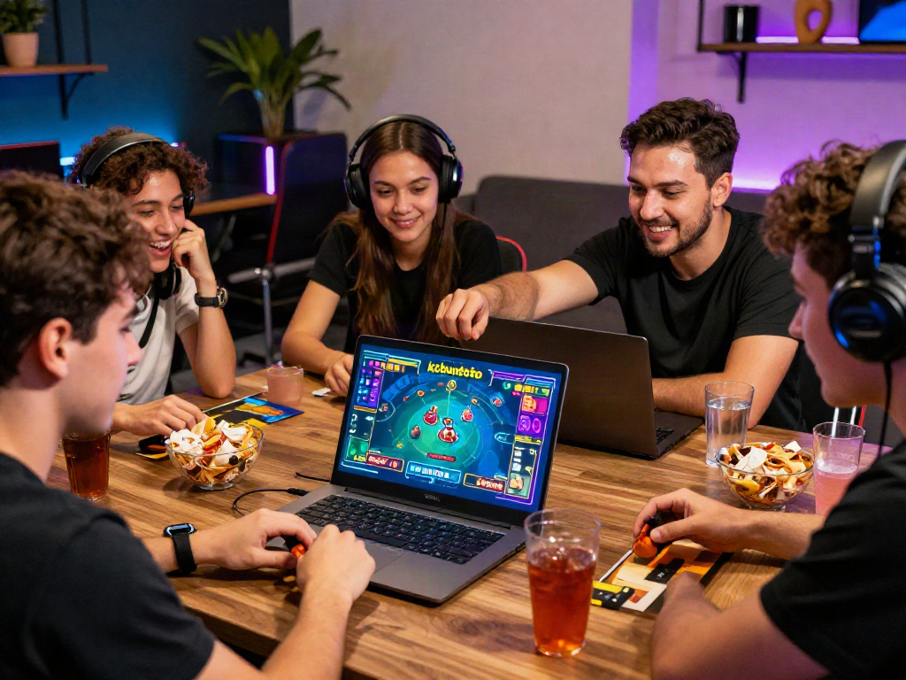Group of friends enjoying kebuntoto online betting experience in a vibrant gaming lounge.