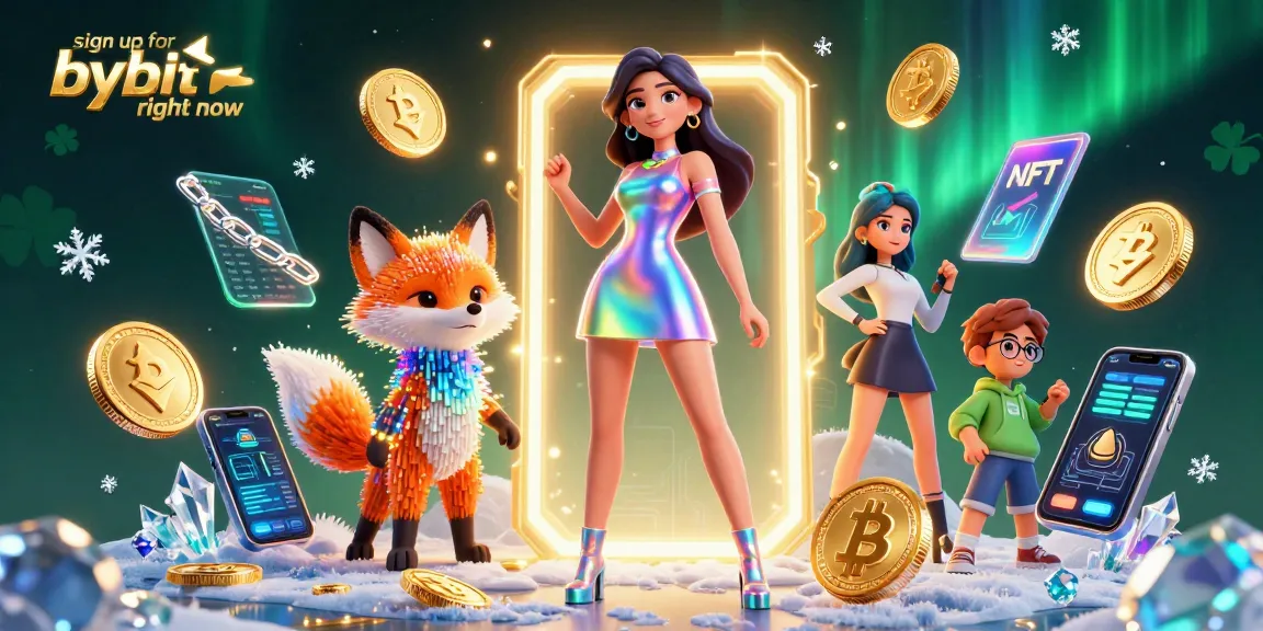 Register and start trading with Bybit right now in a vibrant crypto-themed scene.