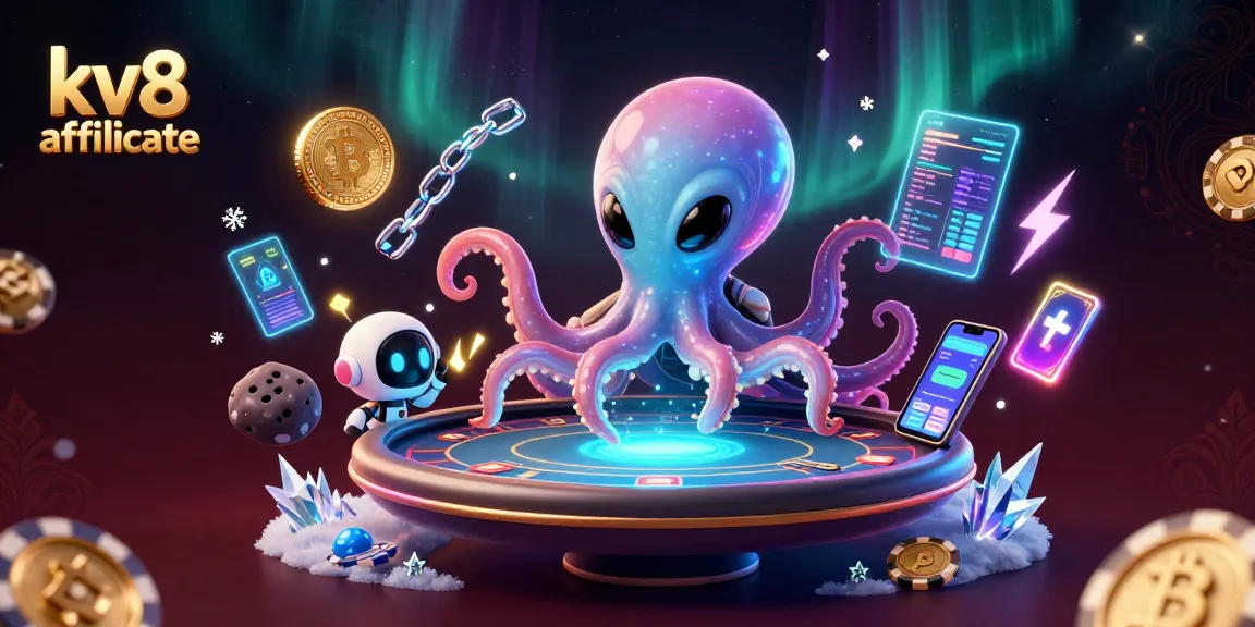 Play and earn with the kv8 affiliate program, featuring vibrant 3D casino-themed elements.