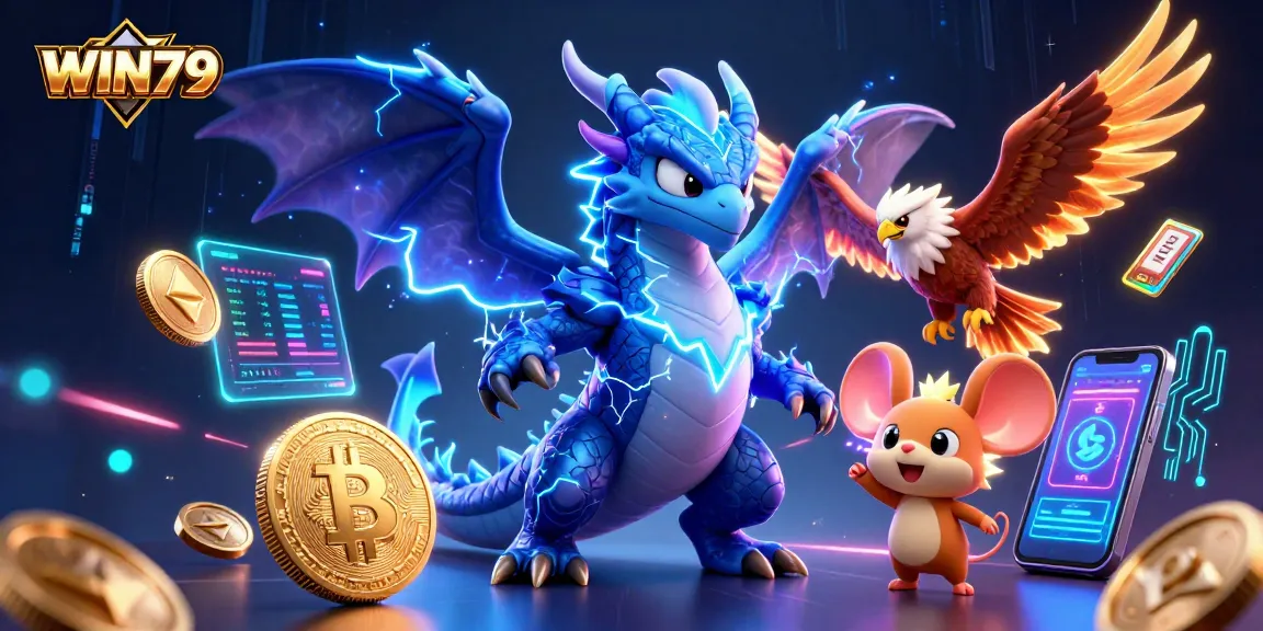 Experience the thrilling world of WIN79 with stunning 3D visuals of lightning dragon, hawk, and crypto elements.
