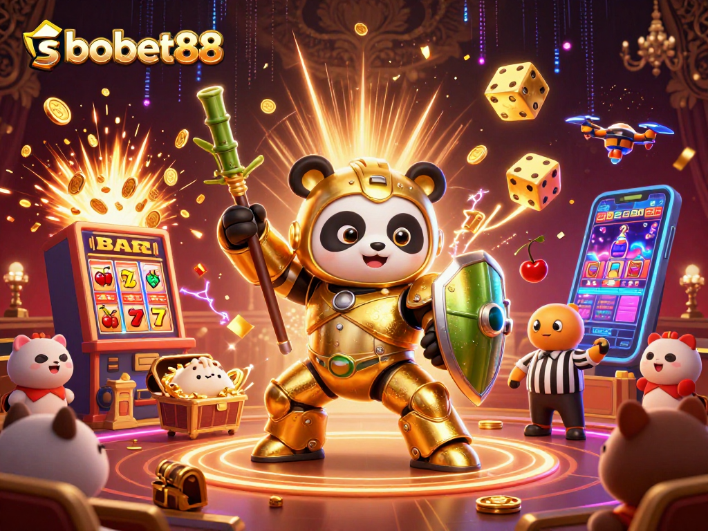 Experience the excitement of sbobet88 with dynamic casino gaming elements and a vibrant 3D illustration.