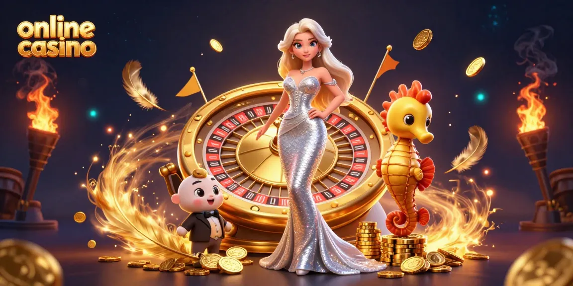 Engage with thrilling games at an online casino, featuring a stunning woman and a golden roulette wheel.