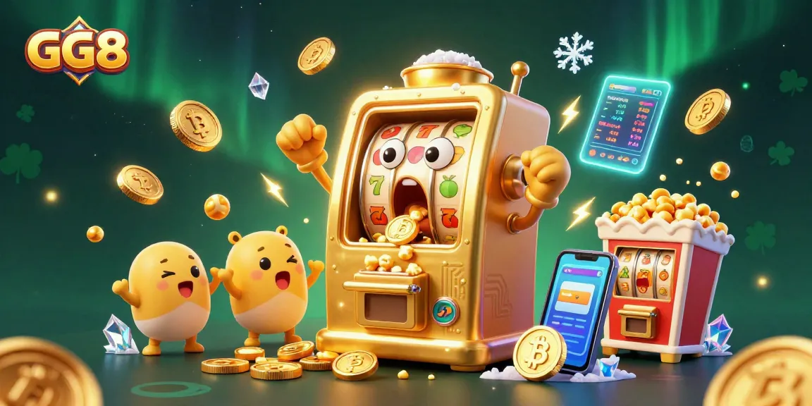 GG88 slot machine hits jackpot, surrounded by cheering baby slots and golden kernels.
