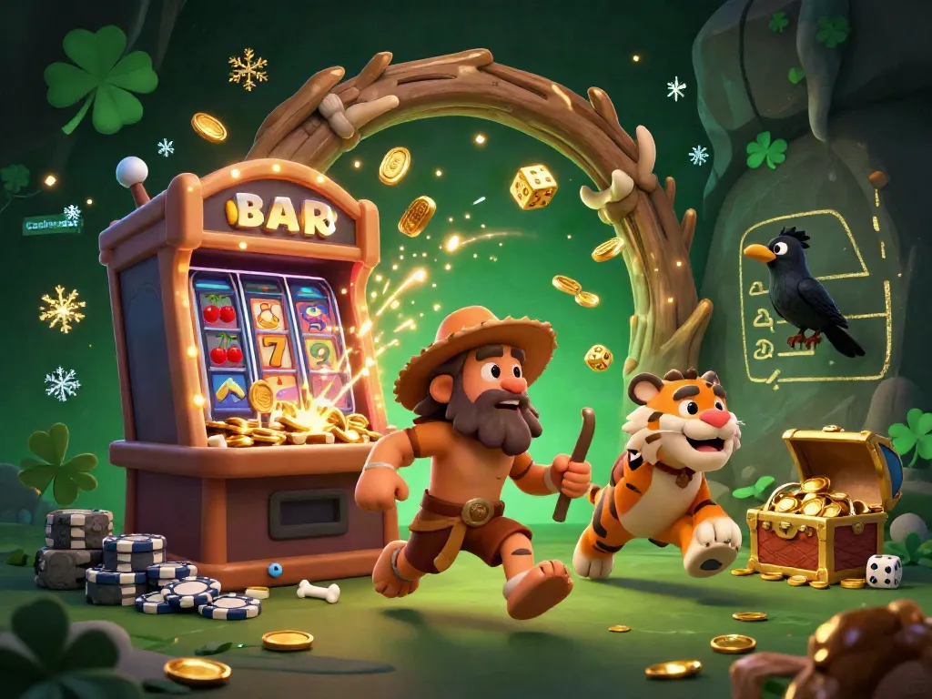 Experience the thrill of the casino slot with cartoon caveman and sabertooth tiger amid a jackpot explosion of coins.