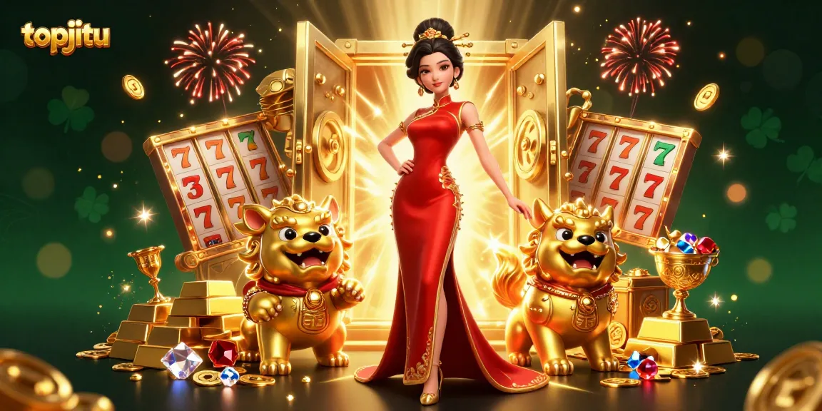 Experience thrilling gameplay at topjitu, featuring a glamorous Asian woman amidst vibrant casino elements.