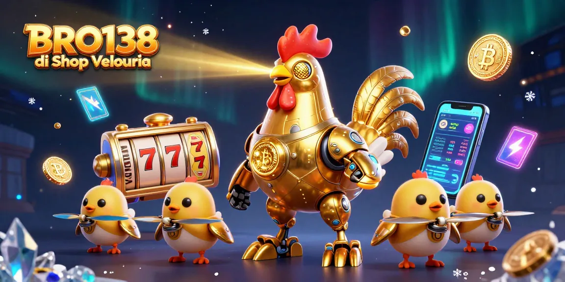 BRO138 di Shop Velouria showcases an animated golden rooster robot amid slot reels and neon coins, capturing thrilling gameplay.