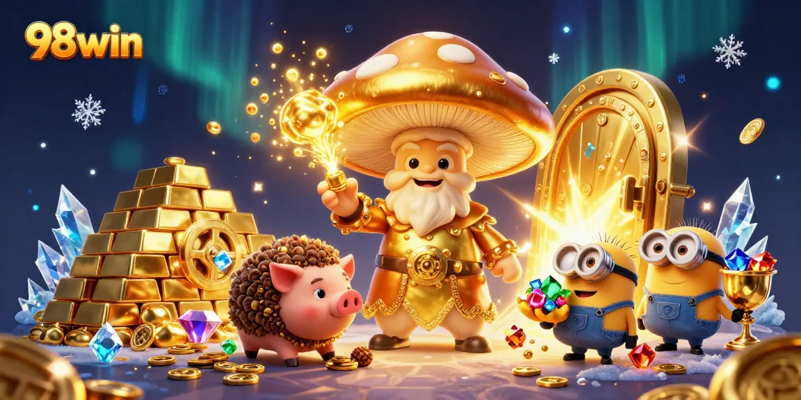 Engage with 98win's magical casino adventure featuring a dazzling golden wizard and treasure exploration.