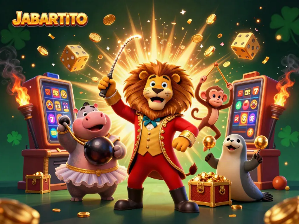JABARTOTO menghadirkan suasana kasino dengan singa, hippo, monyet, dan anjing laut di antara mesin slot emas.