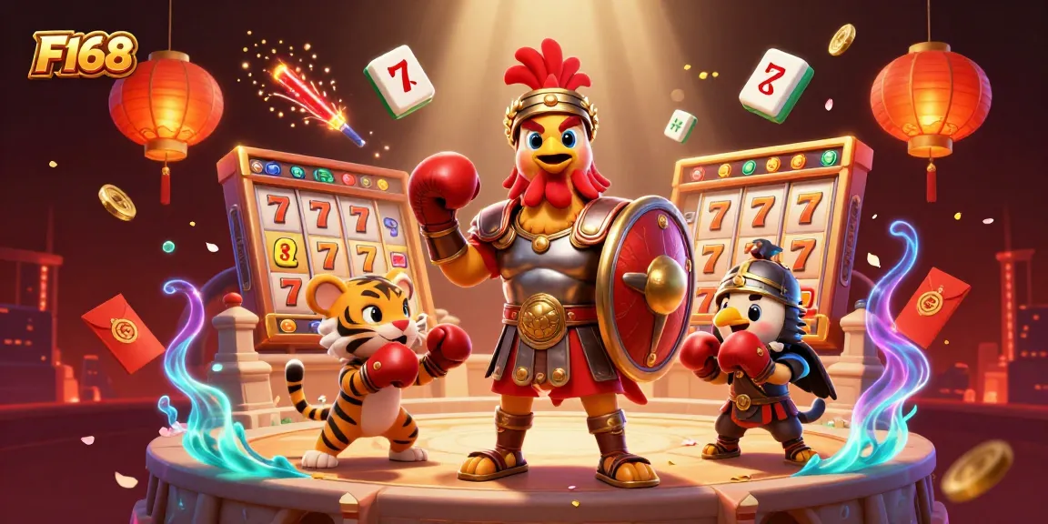 Experience F168's captivating gaming world with lively slot reels and engaging characters.