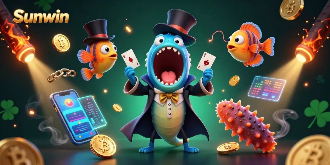 Experience the thrill of Sunwin with vibrant underwater characters performing magic amid glowing casino elements.