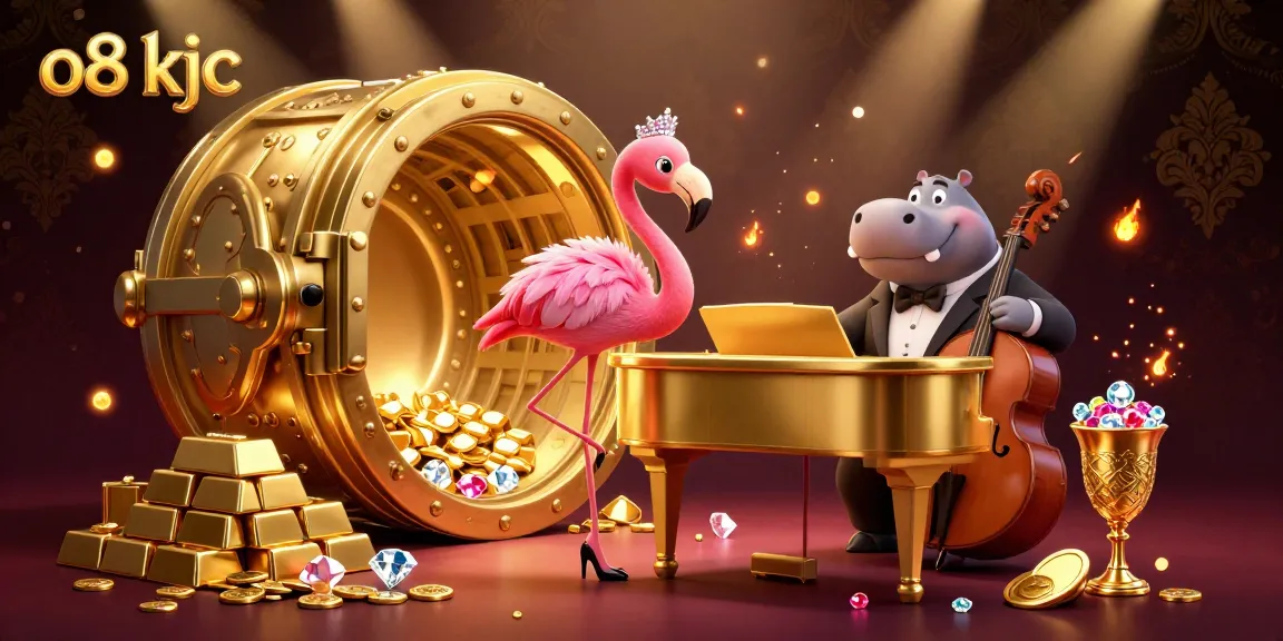 Experience the excitement of o8 kjc with a vibrant 3D casino scene featuring a flamingo singer and hippo bassist.