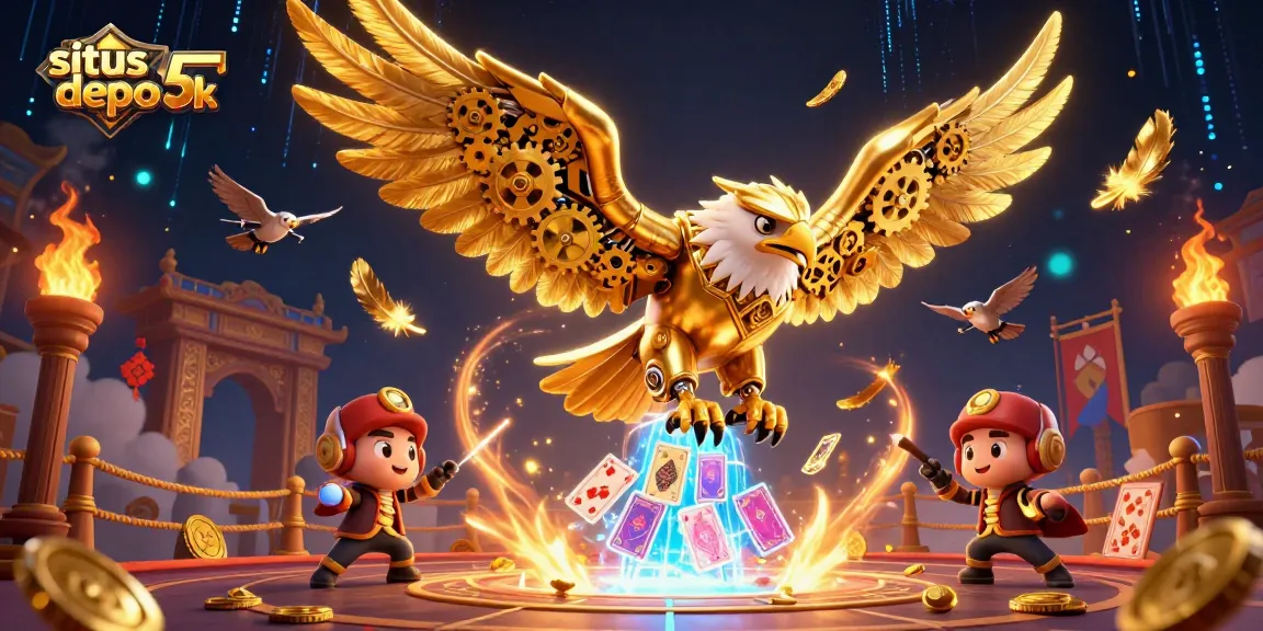 Engage with situs depo 5k featuring a dynamic scene of a 3D golden eagle amidst holographic casino elements.