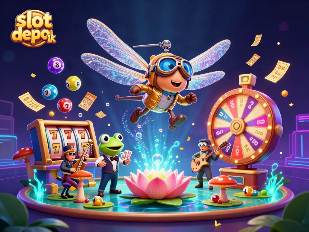 Spin to win at slot depo 1k with vibrant gaming characters and dynamic elements in a casino-themed scene.