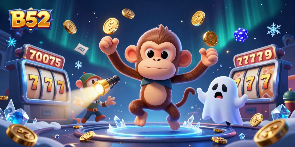 B52 gaming scene featuring a mischievous poltergeist monkey juggling golden objects in a lively casino atmosphere.