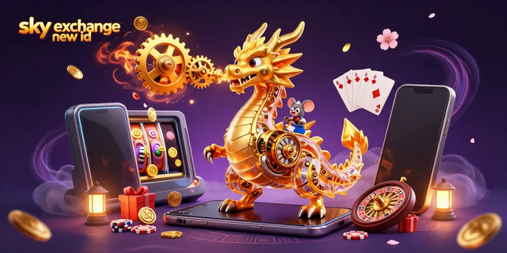 Engage in thrilling gaming adventures with a sky exchange new id, featuring a dynamic scene of a golden dragon amid casino elements.