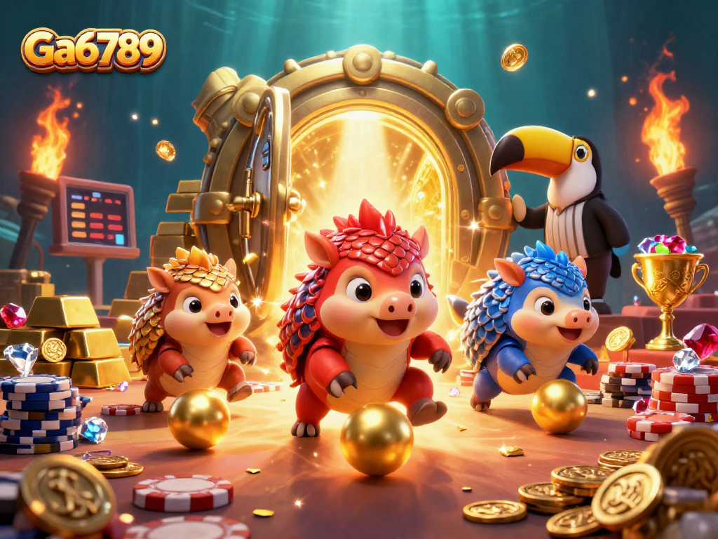 Ga6789 pangolins compete in a vibrant casino scene with golden treasures and poker chips.