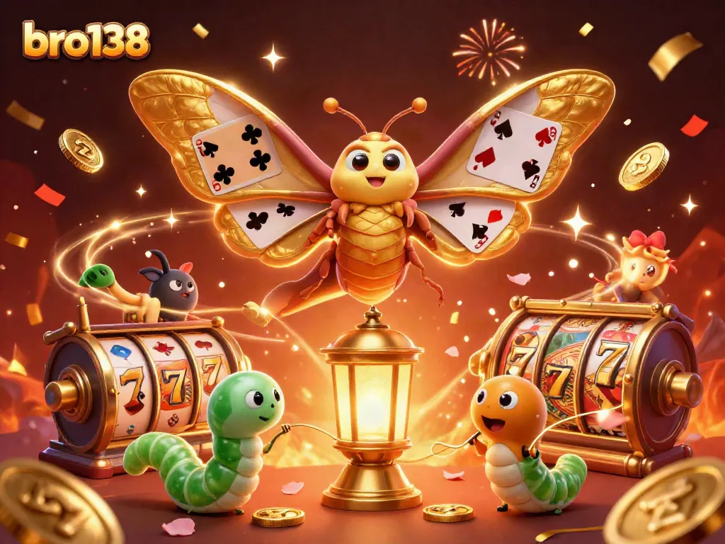 Spin the reels with bro138, a vibrant illustration of a 3D moth surrounded by casino symbols and festive elements.