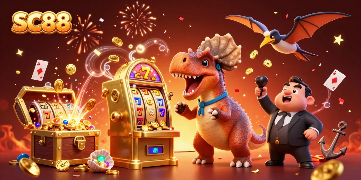 Experience the thrill of SC88 as a pachycephalosaurus hits a slot machine, surrounded by coins and vibrant casino elements.