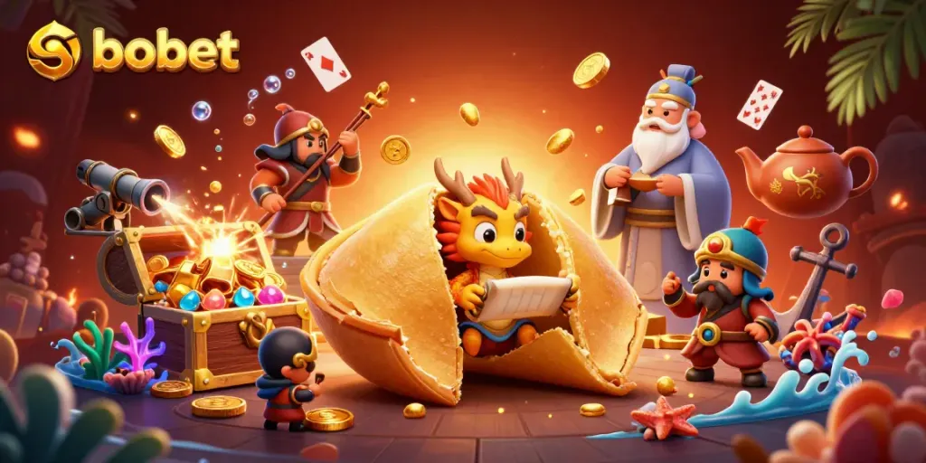 Explore sbobet in an engaging 3D scene with a golden fortune cookie, dragon, and casino elements.