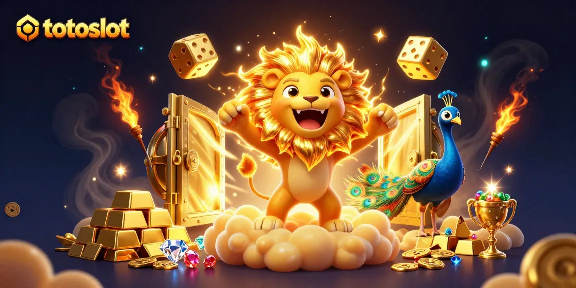 Engage with totoslot's vibrant 3D illustration showcasing a sun lion amidst gold treasures and exciting casino elements.