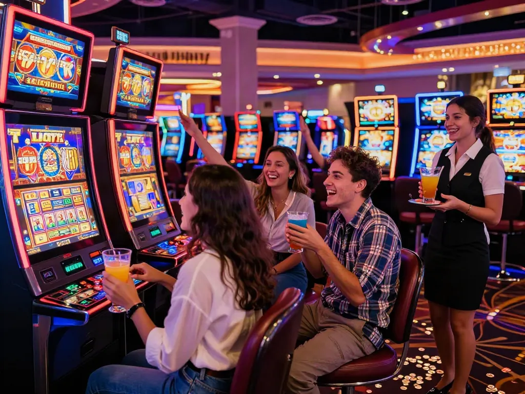 Friends celebrating a jackpot win at a Lucky777 themed slot machine in a vibrant casino.