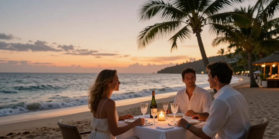 Pengalaman LUXURY111 di resor pantai mewah saat senja dengan pasangan menikmati makan malam romantis.