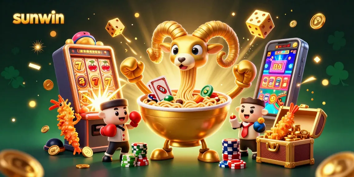Sunwin engages players with a vibrant casino scene featuring a giant ramen bowl dealer and thrilling slot machine action.