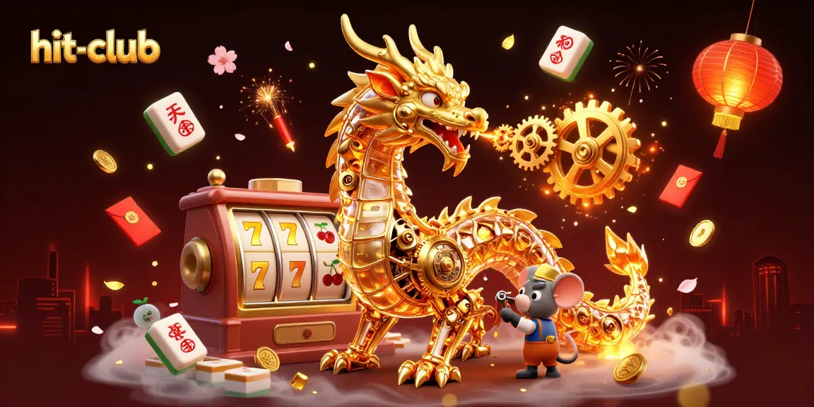 Experience the excitement of hit-club with a biomechanical dragon and colorful slot reels in a vibrant casino scene.