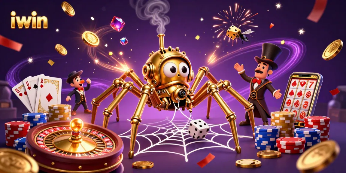 Experience iwin's thrilling casino excitement with a steampunk spider catching dice in a vibrant 3D scene.
